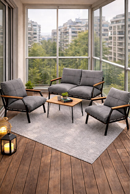 HF40CLとHF80CLセット UFUK HOME Linda 211 Sehpalı Gri Fermuarlı Bahçe Balkon Takımı