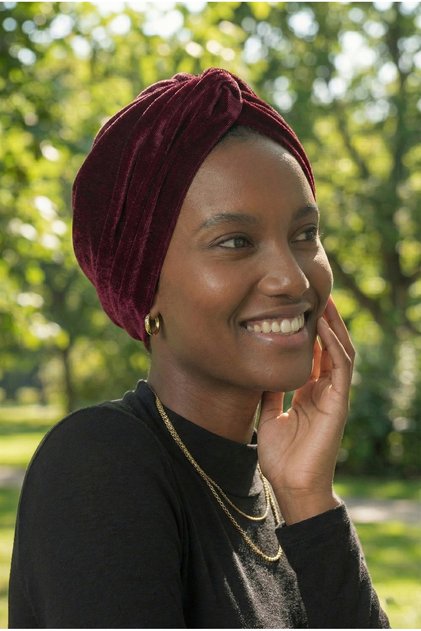 Velvet Cross Burgundy Ready-To-Wear Turban Hijab Bonnet Suitable for Medical Use
