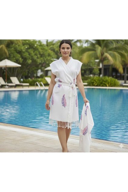 Red Leaf Sleeveless Beach Peshtemal Beach Bathrobe and Peshtemal Set of 2