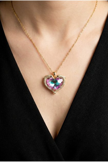 Caprea Steel Feeling Stone Big Ocean Heart Necklace Gold Color Tarnish Resistant Women's Necklace 45 cm