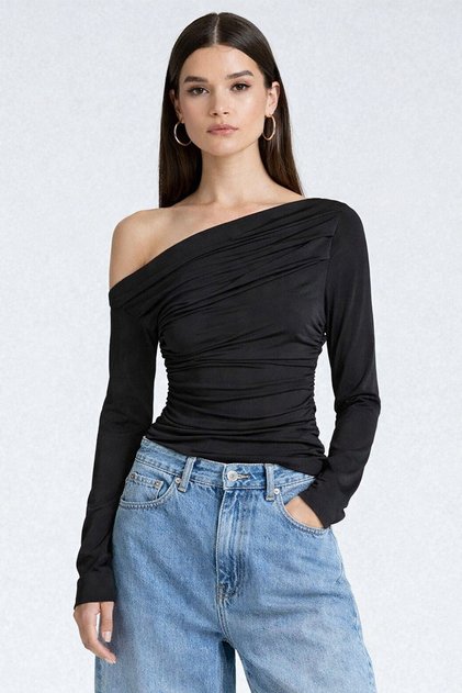 Women's One Shoulder Low Gathered Black Blouse