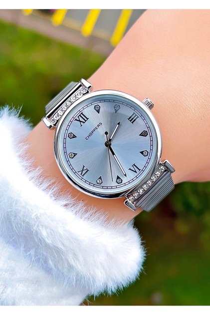 Vintage Women's Wrist Watch with Silver Color Stone Steel Band