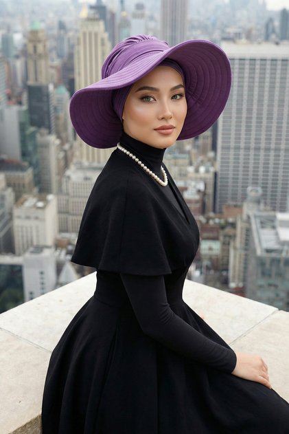 Combed Cotton Bonnet Turban with Detachable Bow on the Back, S-4, Purple 2
