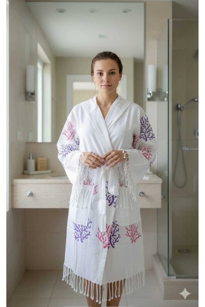 Plum Coral Luxury Printed Bamboo Pestemal Bathrobe