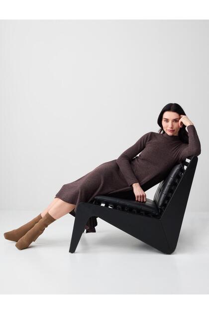 Jimmy Key Acı Kahve Balıkçı Yaka Yumuşak Dokulu Örme Midi Elbise