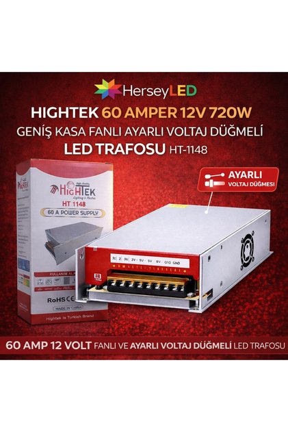 60 AMPER 12V 720W GENİŞ KASA FANLI AYARLI VOLTAJ DÜĞMELİ LED TRAFOSU HT-1148