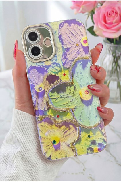 iPhone 16 Case Color Changing Stone Camera Lens Protected Pink Floral Pattern Shock Absorbing Cover