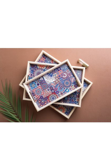 Wooden Tile Patterned 3-Piece Service Presentation Tray Dowry Tray Set