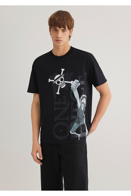 Mavi One Piece Baskılı Siyah Tişört Loose Fit / Bol Rahat Kesim