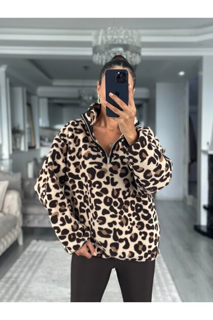 Kadın Leopar Desen Peluş Yarım Fermuarlı Kazak