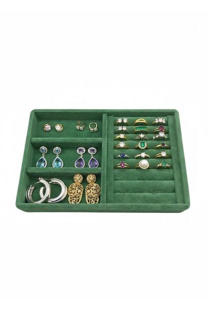 Domestic Production Suede Fabric Green Color 22 cm / 14 cm Drawer Jewelry Stand
