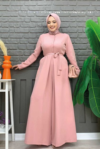 Waist Belted Jumpsuit with Hidden Button Detail on the Chest 3676 Powder