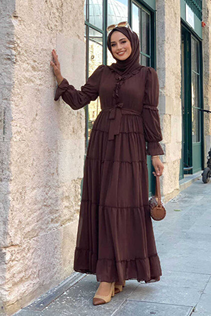 Bym Fashion Layered Look Waist Belted Ruffle Dress 3495 Brown- Trendyol