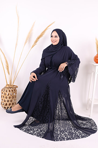 Bym Fashion Dantel İşleme Detay Kuşaklı Şifon Abaya 7886 Lacivert