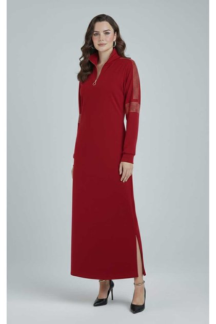 Black Women's Dress with Stone Detail on the Shoulders and Sleeves, Fermur Collar, Plus Size