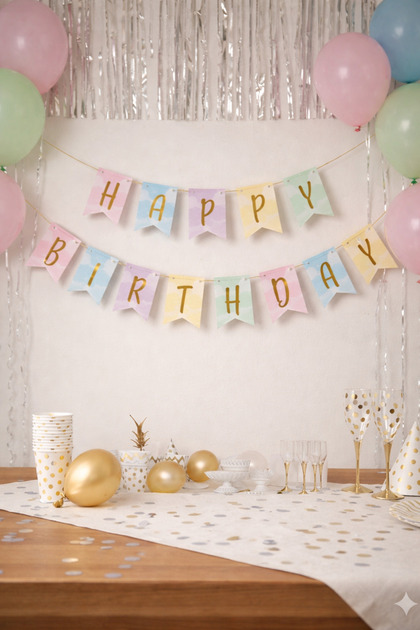Makaron Renkler Happy Birthday Yaldızlı Yazı Süs
