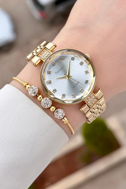 Gold Color Adjustable Cord 32 mm Women's Wristwatch and Bracelet