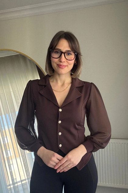 Long Balloon Transparent Cuffed Sleeve Coffee Blouse