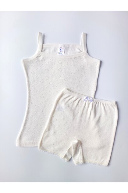 Girl's 100% Cotton Ecru Retro Rope Strap Undershirt-Leg Panties Set