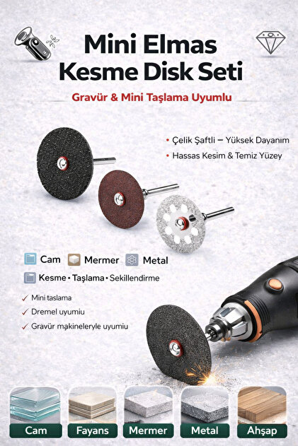 Mini Kesme Diski Seti – Cam, Mermer, Metal, Ahşap Uyumlu | Çelik Keser – Gravür & Matkap Uyumlu