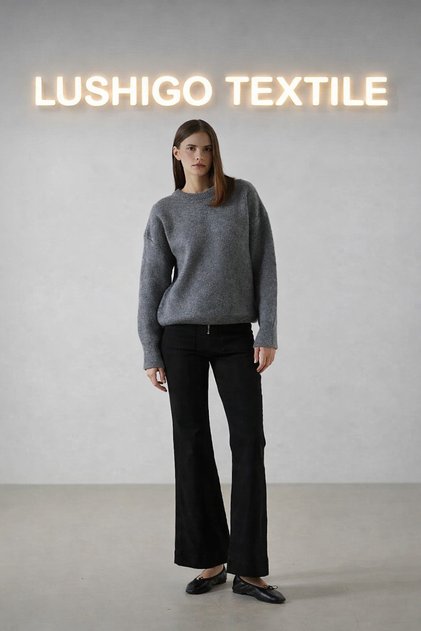Women's Knitwear Regular Fit Crew Neck Anthracite Extra Soft Wool Textured Oversized Women's Sweater