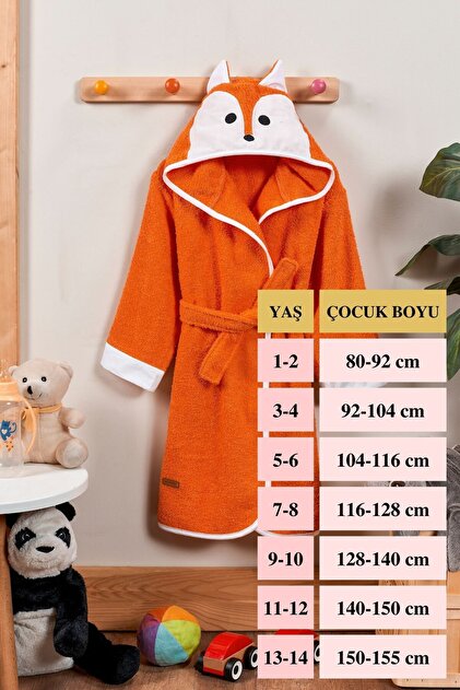 ELY PARKER Hooded Children's Bathrobe 100% Cotton Men's Bathrobe Animal Fox  Orange- Trendyol