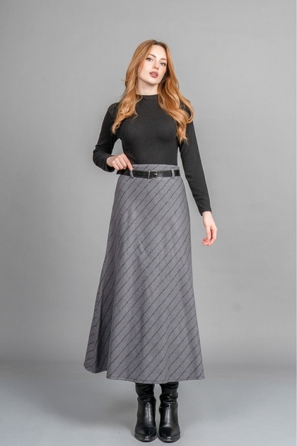 Women's Winter Smoked Premium Striped Cashmere Skirt Belt Detailed Straight Waist Modern Cut Stylish Daily Comfortable 6853
