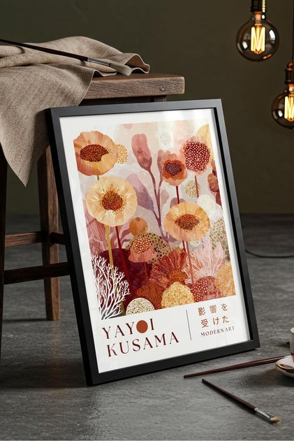 Yayoi Kusama İlhamlı Modern Çiçek Bahçesi - Siyah Çerçeveli Tablo