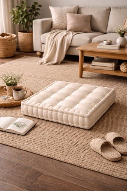 Krem Renk Kare Bisküvi Minder 60×60 cm – Yer Minderi & Oturma Minderi