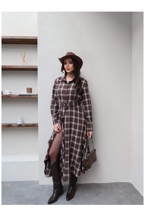 princess polly baby blue dress Red Plaid Print V Neck Long Sleeve Asymmetric Casual Maxi Dress main image 1