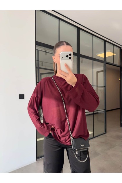 DİK YAKA TRANSPARAN OVERSİZE FİTİLLİ BLUZ BORDO