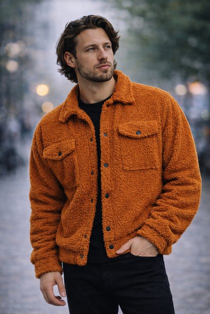 Men's Plush Pocket Detailed Snap Closure Sherpa Jacket Cinnamon