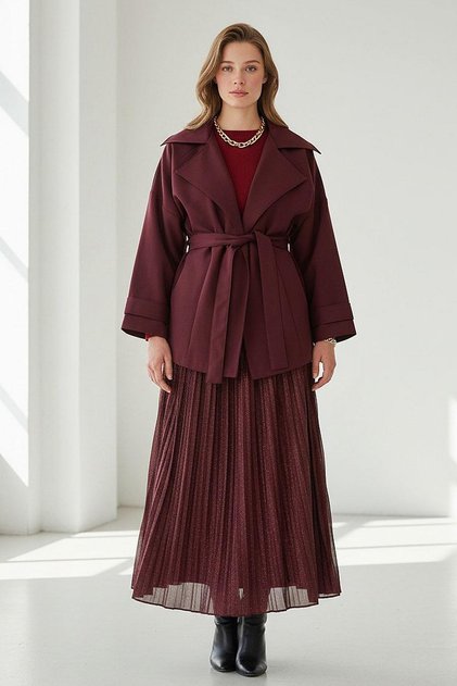 Burgundy Belted Short Women's Trench Coat Sh340