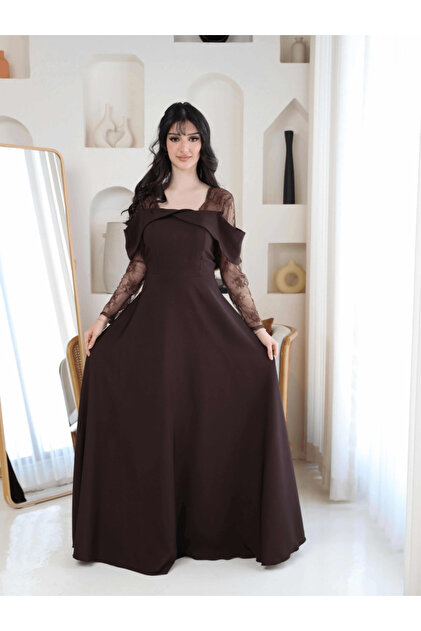 ZAYIA Elegant brown off-the-shoulder evening dress with sheer lace sleeves,  suitable for formal occasions for women.- Trendyol