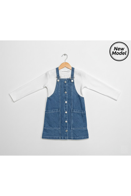 Girl's Trend Denim Jeans Gilet and Corded Fabric Combed Cotton Blouse with Lace Collar 2-Piece Set