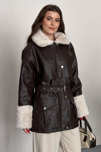 Women's Fur Detailed Belted Leather Coat Lined Long Faux Leather Coat
