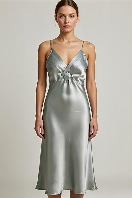Women's Sage Green Satin Strap Long Nightgown