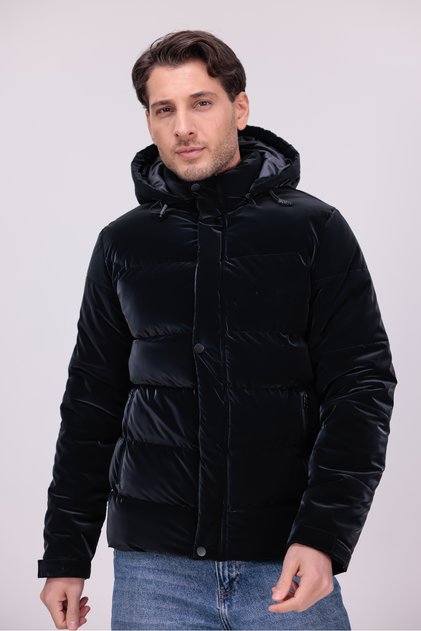Men's Black Water and Windproof Nova Fabric Detachable Hooded Zipper Snap Detailed Inflatable Jacket