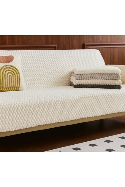 Tavşan Tüylü Koltuk Örtüsü 170x215 Yumuşak Peluş Lüx Kaymaz Taban Kanepe Örtüsü BEJ