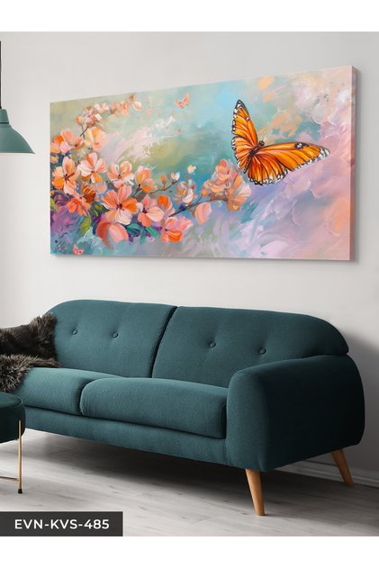 Pembe Çiçekler ve Kelebek Tek Parça Kanvas - Canvas Tablo