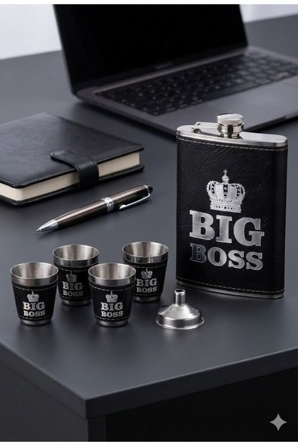 Çelik Matara Hediye Seti Big Boss Temalı Deri Kaplamalı İçecek Cep Matarası 4 Shot Bardaklı