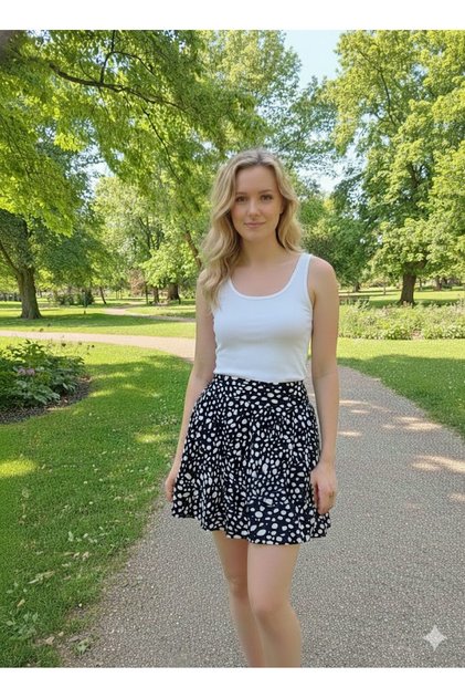 Black High Waist Elastic Waist Mid-Length Skirt Helen Fabric Floral Skirt with Shorts Mdmhelenorta02Etek