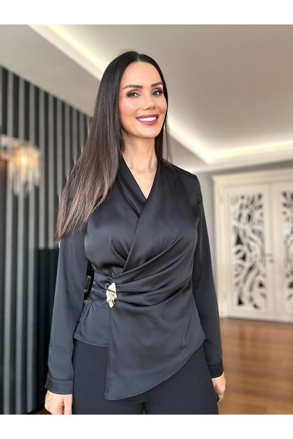 Black Gold Buckled Wrap Satin Blouse
