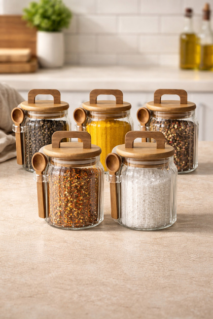 Acacia Spoon and Seal Lid Line Patterned 500ml 6-Piece Jar Set Kw-1170