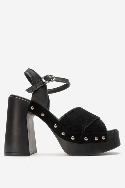 Women's Thick High Heel Sandals Real Suede Leather Zy 4128 Black