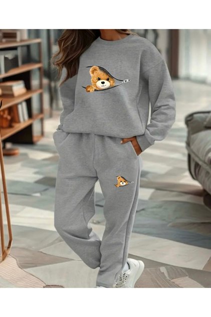 ZIPPER TEDDY BEAR PRINT UNISEX OVERSIZED BICYCLE NECK TOP/BOTTOM TRACKSUIT SET