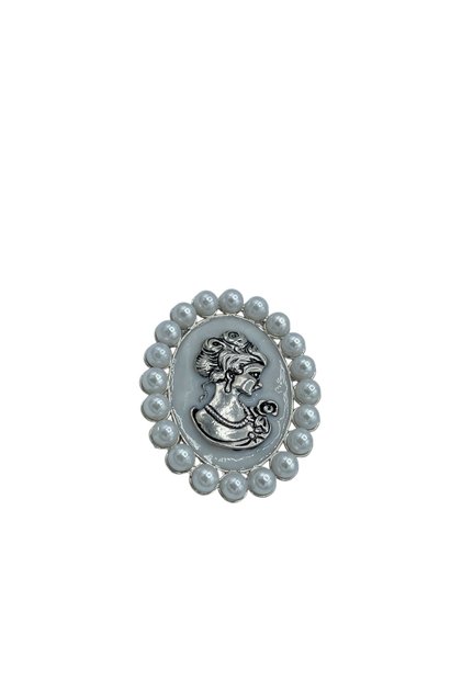 İnci Çerçeveli Cameo Kadın Figürlü Broş – Gümüş Renk Vintage Broş