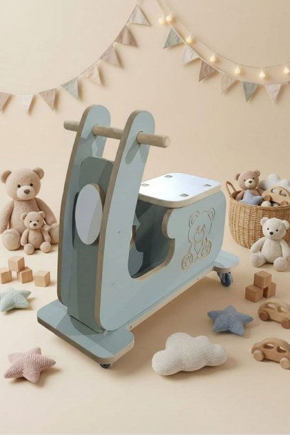 Wooden Toy - Wheeled Children's Motor - Montessori Walker - with Bear Figure