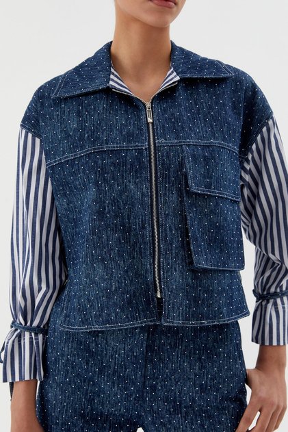 Striped Poplin on the Sleeves, Stoned Denim Blue
