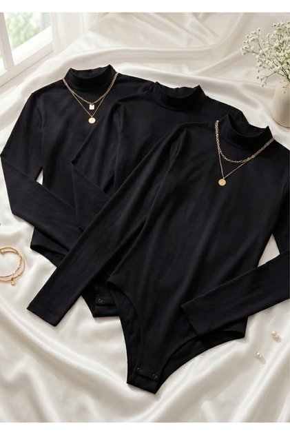 Women's 3-Pack 95% Cotton Long Sleeve Half Turtleneck Snap-On Bodysuit Undershirt